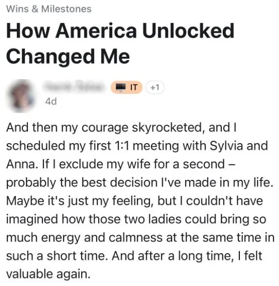 Wins & Milestones post "How America Unlocked Changed Me": scheduling the first 1:1 meeting with Sylvia and Anna was probably the best decision of my life