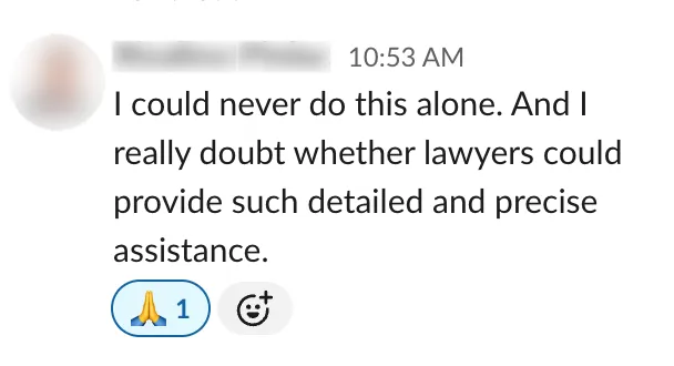 Member: I could never do this alone. I doubt lawyers could provide such detailed assistance