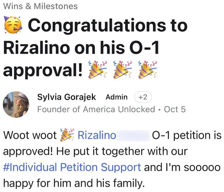 Wins & Milestones: Sylvia announces a member's O-1 approval, put together with Individual Petition Support